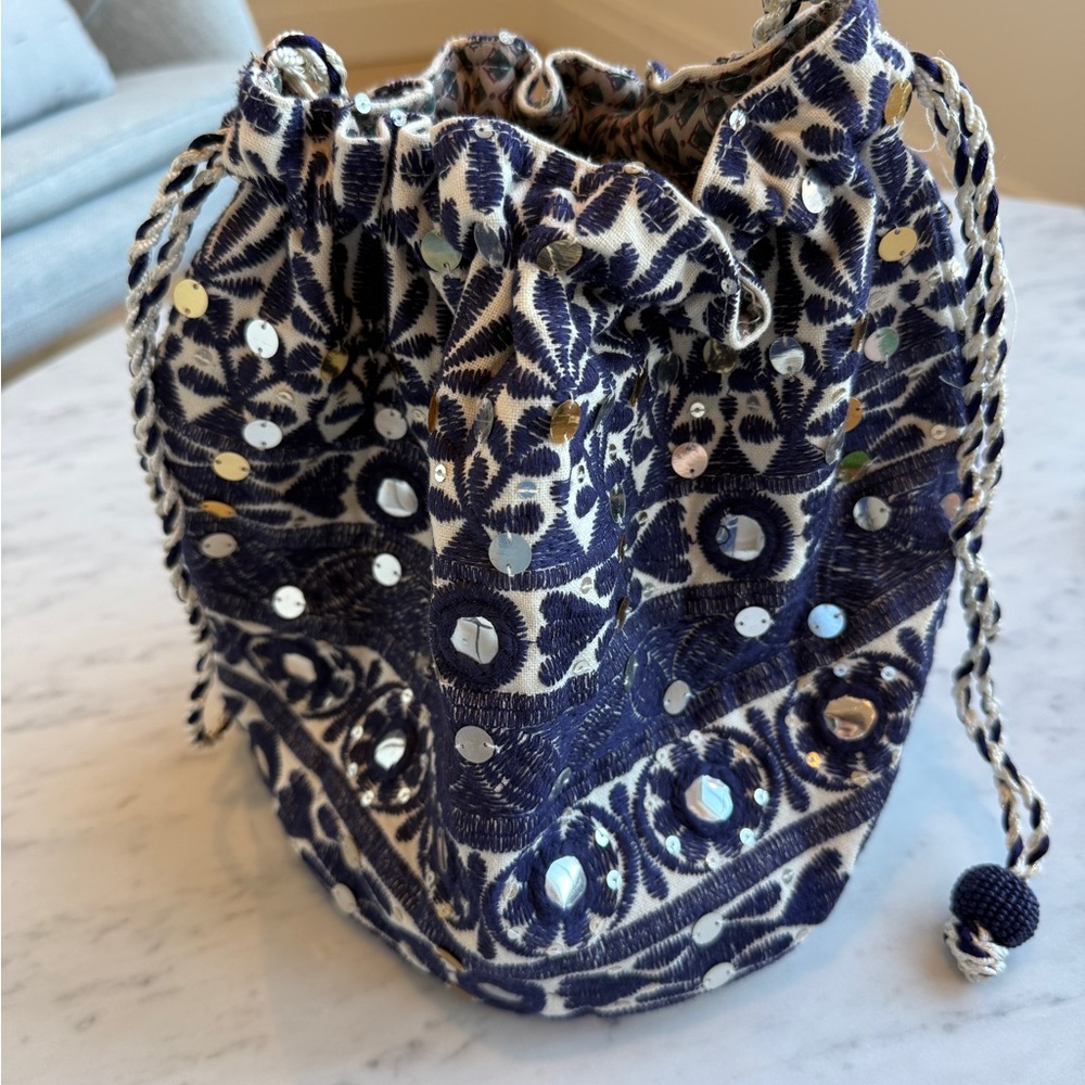 Star Mela Embellished Blue and White Drawstring Bag (never been used)